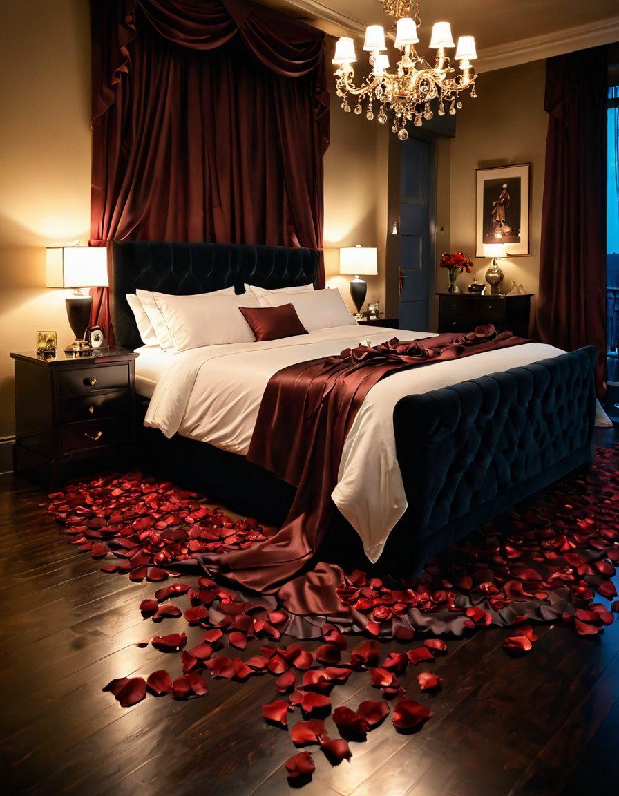 A sultry scene featuring a dimly lit room with rich, deep colors, showcasing an elegantly draped bed adorned with silk sheets, surrounded by soft candlelight. In the foreground, a glass of red wine and scattered rose petals create an atmosphere of romance and allure. Silhouettes of intimate couples can be seen in the background, wrapped in an embrace, evoking passion and desire. The overall mood should be inviting and sensual, enticing viewers to explore their fantasies. moody lighting. super-realistic. vibrant colors.